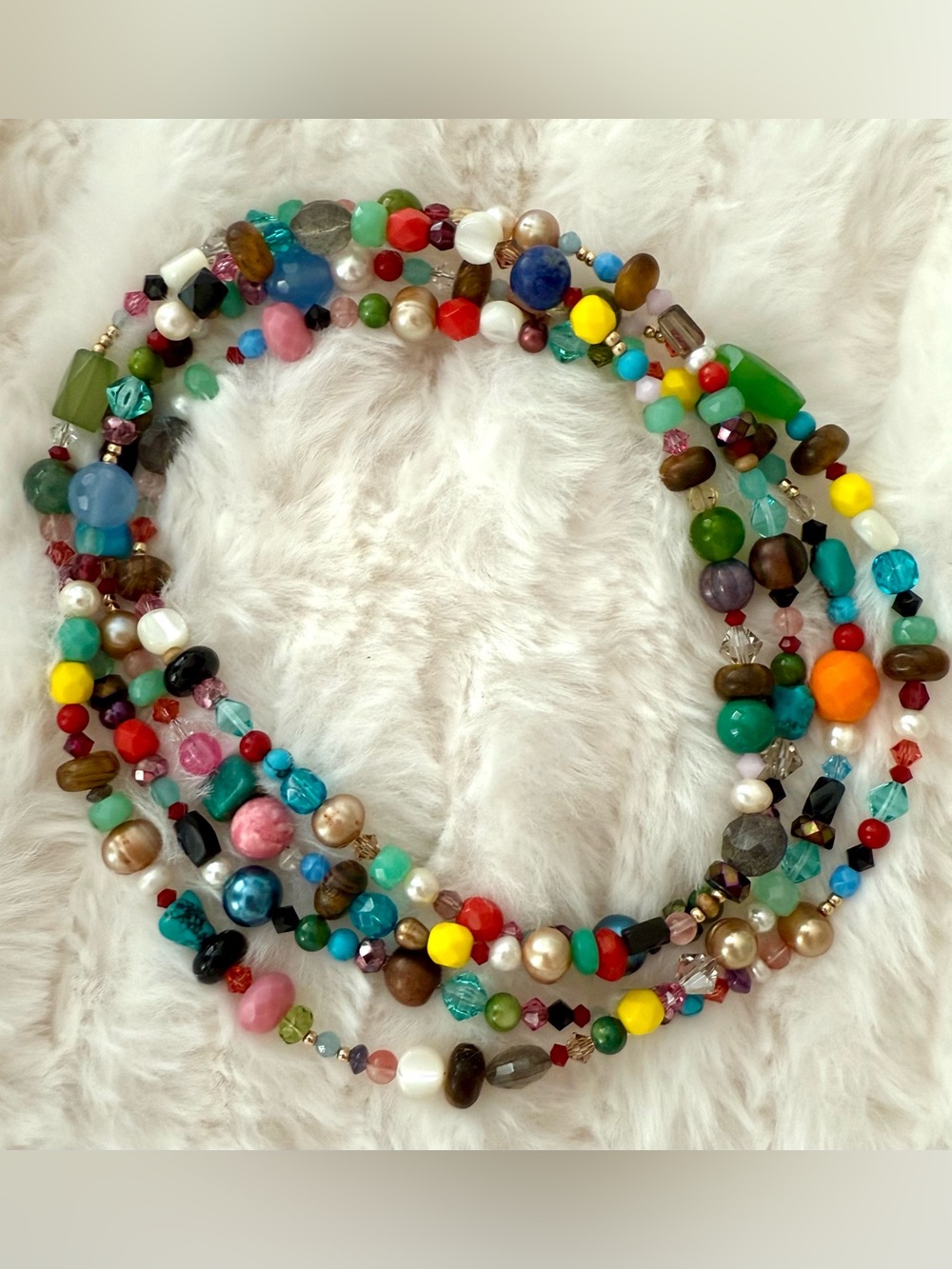 Handmade semiprecious beaded gemstone long statement necklace